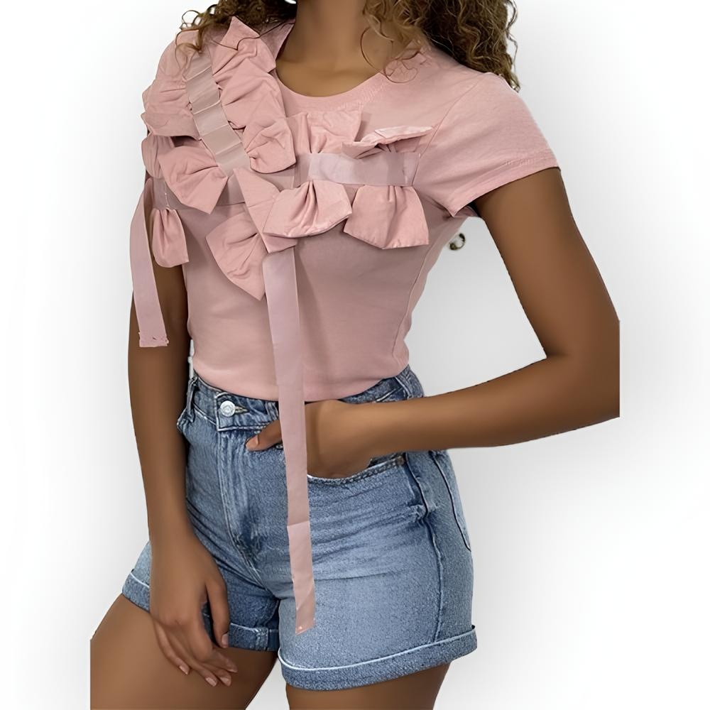 Rivka – Elegant T-shirt met Schouderstrikken met Satijnen Lint