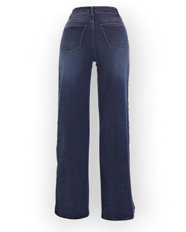 Teya – Hoge Taille Jeans met Wijde Pijpen en Bewerkte Knopen