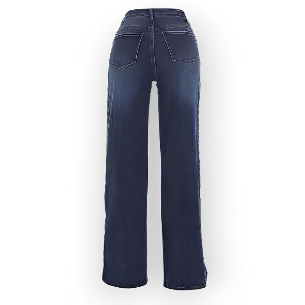 Teya – Hoge Taille Jeans met Wijde Pijpen en Bewerkte Knopen