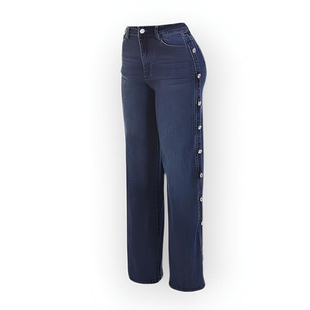 Teya – Hoge Taille Jeans met Wijde Pijpen en Bewerkte Knopen
