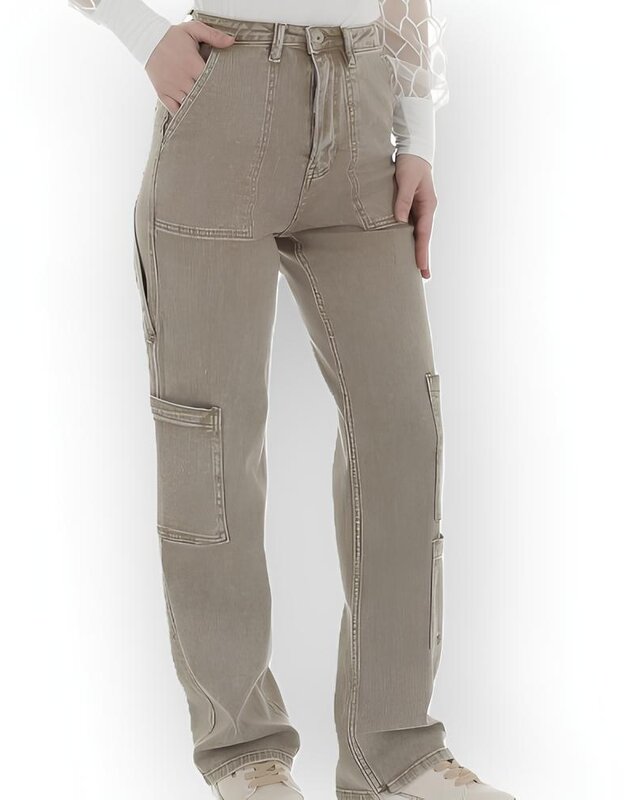 Olive – Cargo Jeans met Used Look en Rechte Pijpen