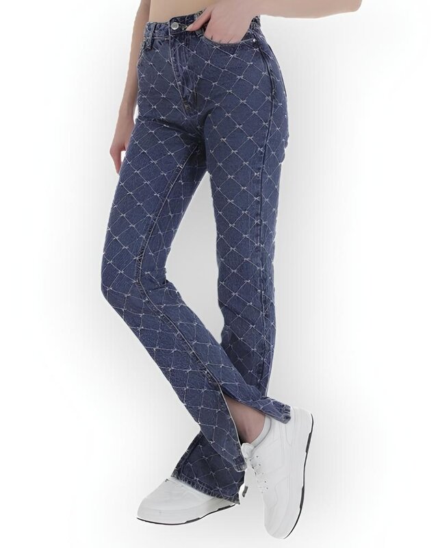 Raya Stitch – Hoge Taille Jeans met Split en Ruitvormig Stiksel
