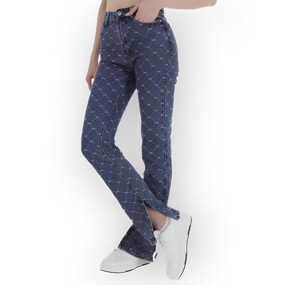 Raya Stitch – Hoge Taille Jeans met Split en Ruitvormig Stiksel