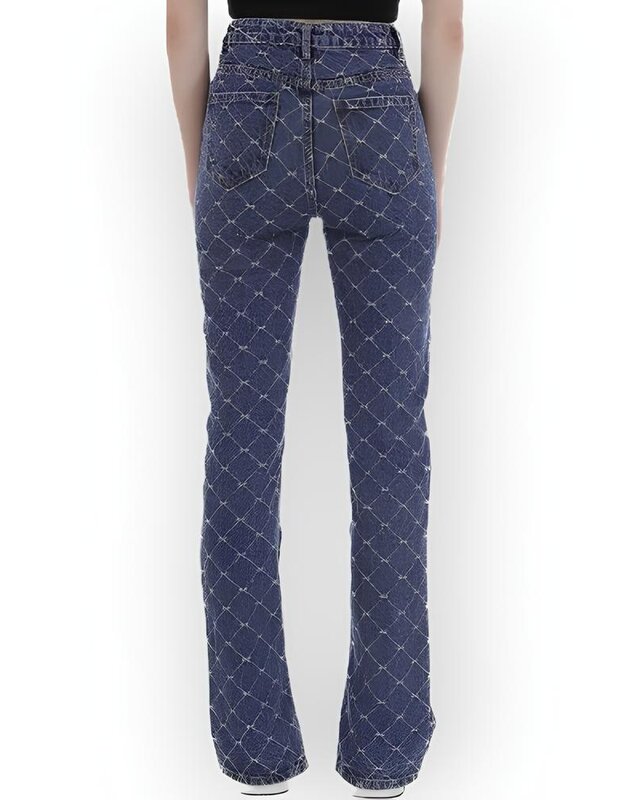 Raya Stitch – Hoge Taille Jeans met Split en Ruitvormig Stiksel