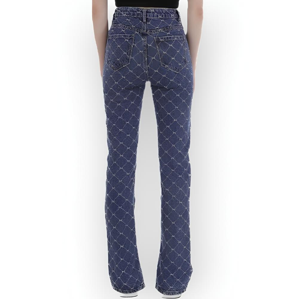 Raya Stitch – Hoge Taille Jeans met Split en Ruitvormig Stiksel