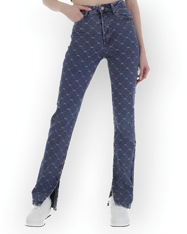 Raya Stitch – Hoge Taille Jeans met Split en Ruitvormig Stiksel