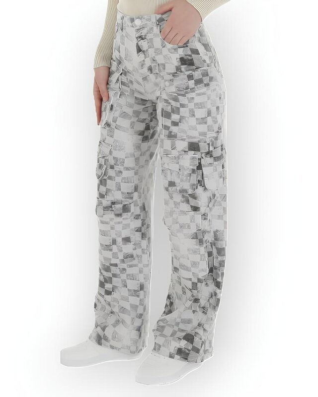 Niva – Cargobroek met Blokkenmotief in Grijs, Zwart en Wit