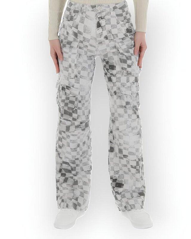 Niva – Cargobroek met Blokkenmotief in Grijs, Zwart en Wit