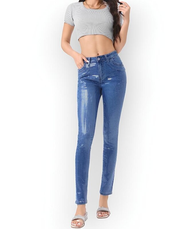 May – Denim Skinny Jeans met Glanzende Pailletten en Stretch
