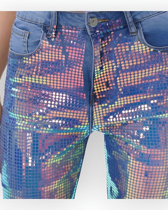 Denim Jeans met Regenboogglans en Stretch Pailletten Voorzijde - Party