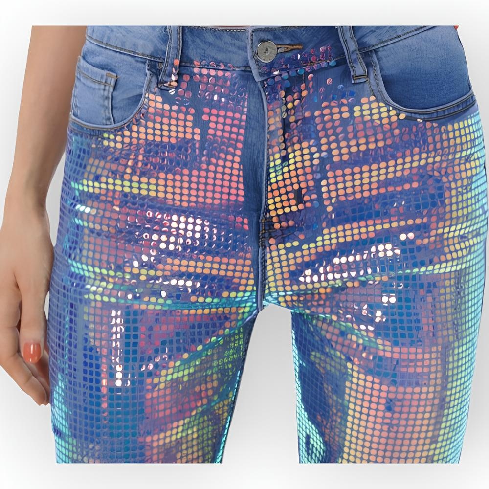 Denim Jeans met Regenboogglans en Stretch Pailletten Voorzijde - Party