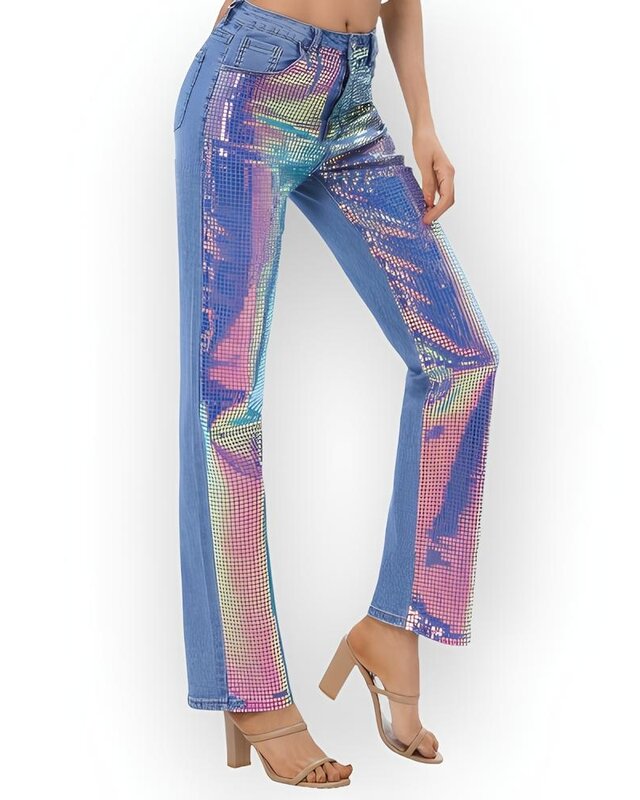 Denim Jeans met Regenboogglans en Stretch Pailletten Voorzijde - Party