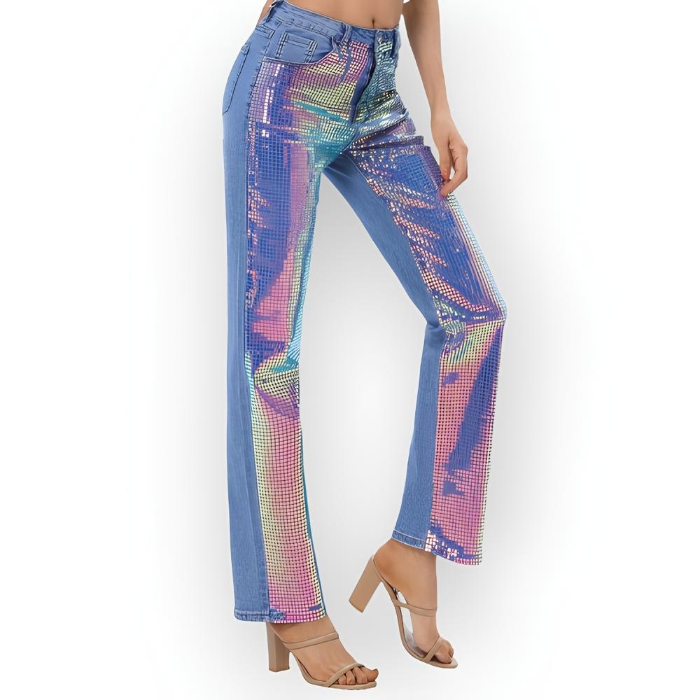 Denim Jeans met Regenboogglans en Stretch Pailletten Voorzijde - Party