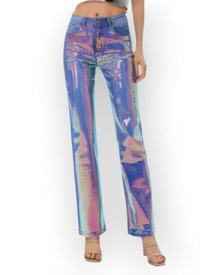 Dames Jeans met Regenboog Pailletten - Foute Party