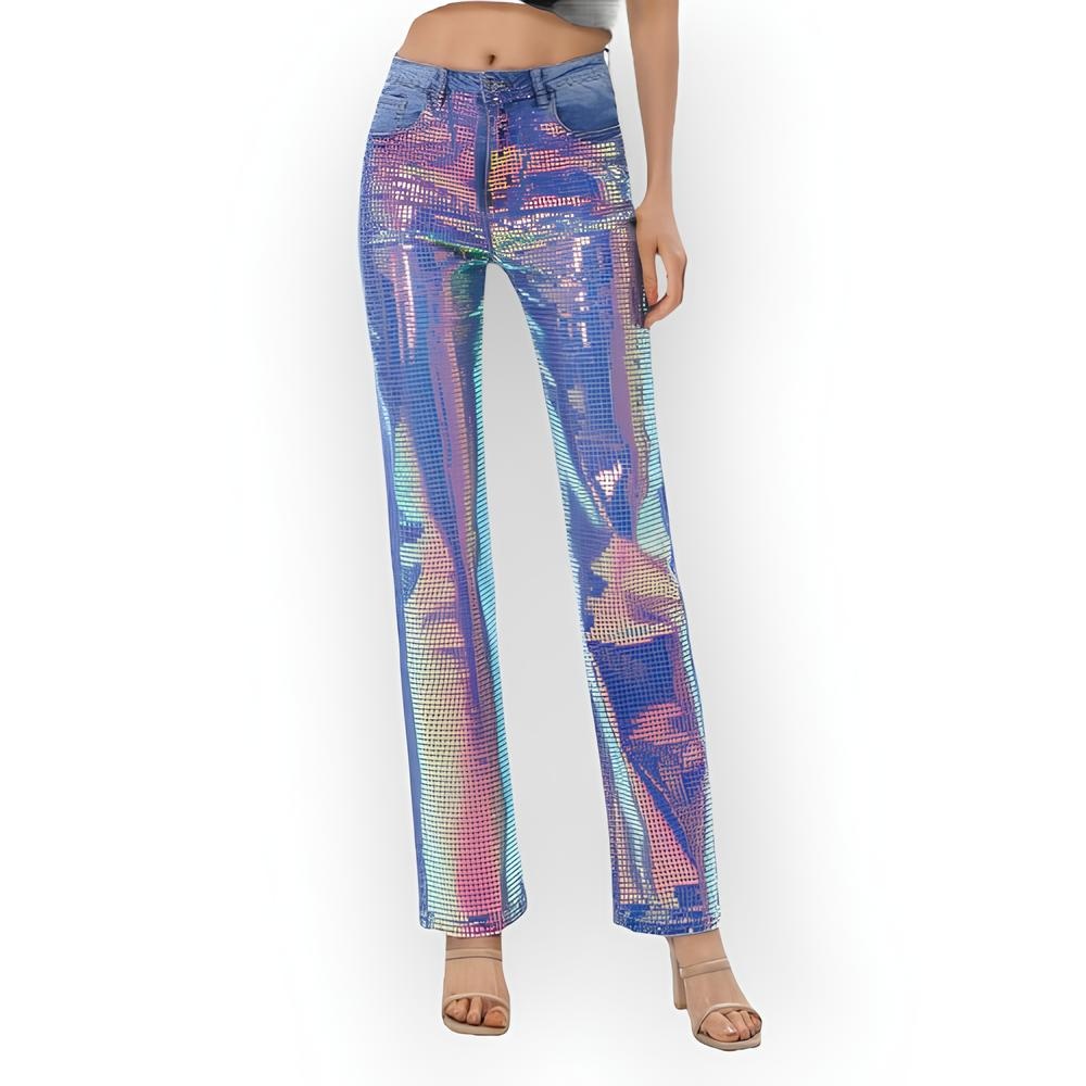 Denim Jeans met Regenboogglans en Stretch Pailletten Voorzijde - Party