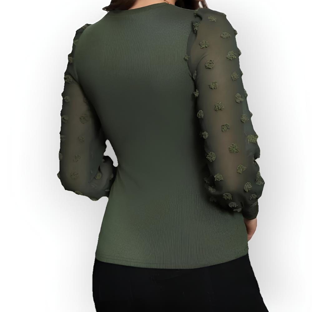 Tara – Groene Top met Lange Transparante Mouwen, Bolletjesstructuur