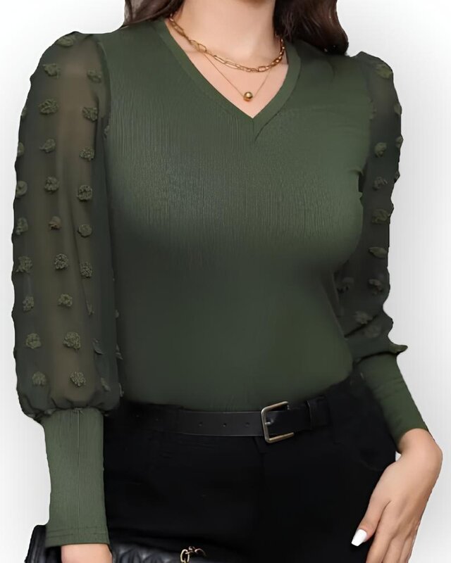 Tara – Groene Top met Lange Transparante Mouwen, Bolletjesstructuur