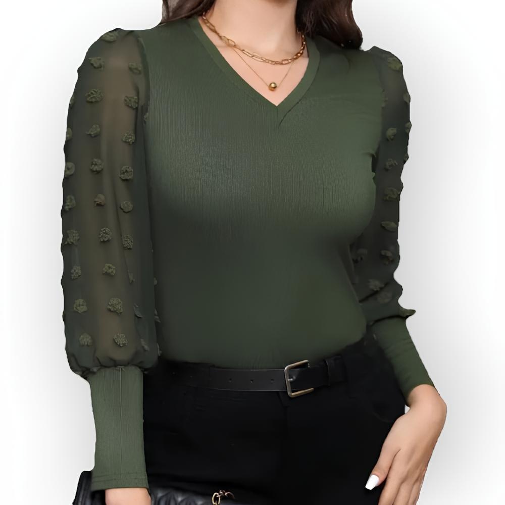 Tara – Groene Top met Lange Transparante Mouwen, Bolletjesstructuur