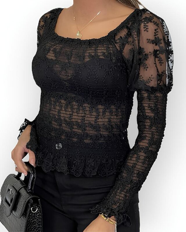 Veya – Zwarte Kanten Bodycon Top met Boothals - Pofschouders