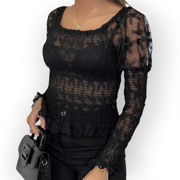 Veya – Zwarte Kanten Bodycon Top met Boothals - Pofschouders