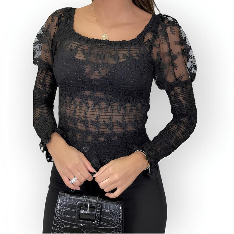 Veya – Zwarte Kanten Bodycon Top met Boothals - Pofschouders