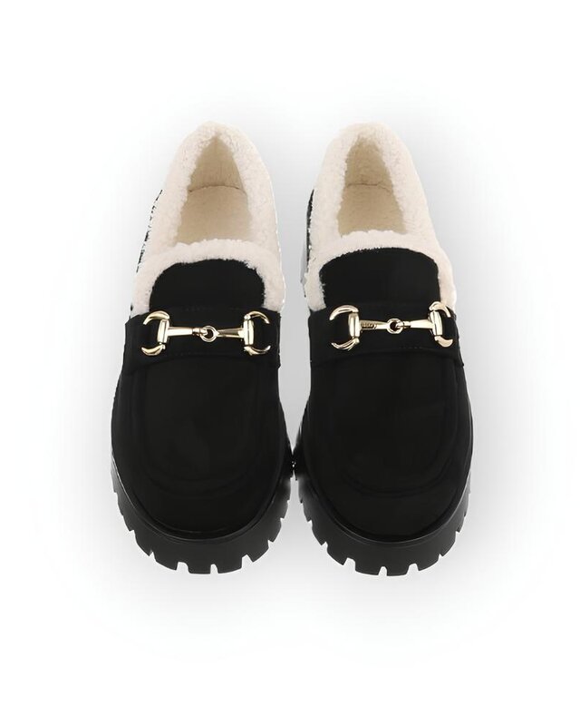 Lara – Zwarte Moccasins van Imitatie Suède - Teddy - Goudkleurig Sierembleem