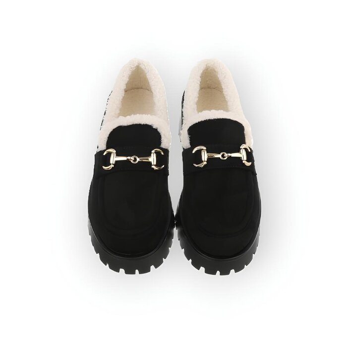 Lara – Zwarte Moccasins van Imitatie Suède - Teddy - Goudkleurig Sierembleem