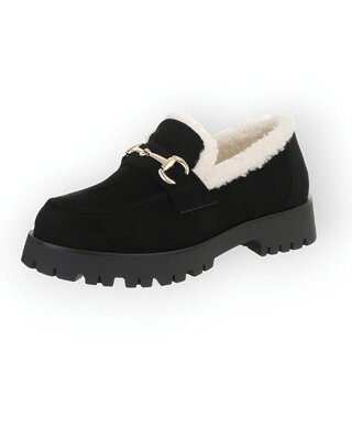 Lara – Moccasins – Zwart Imitatie Suède met Teddy Voering