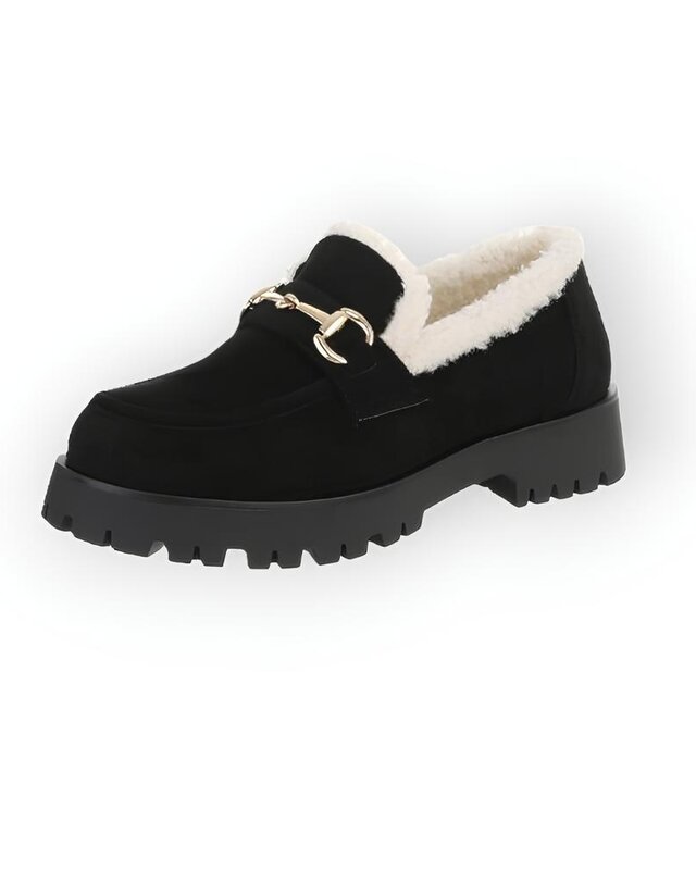 Lara – Zwarte Moccasins van Imitatie Suède - Teddy - Goudkleurig Sierembleem