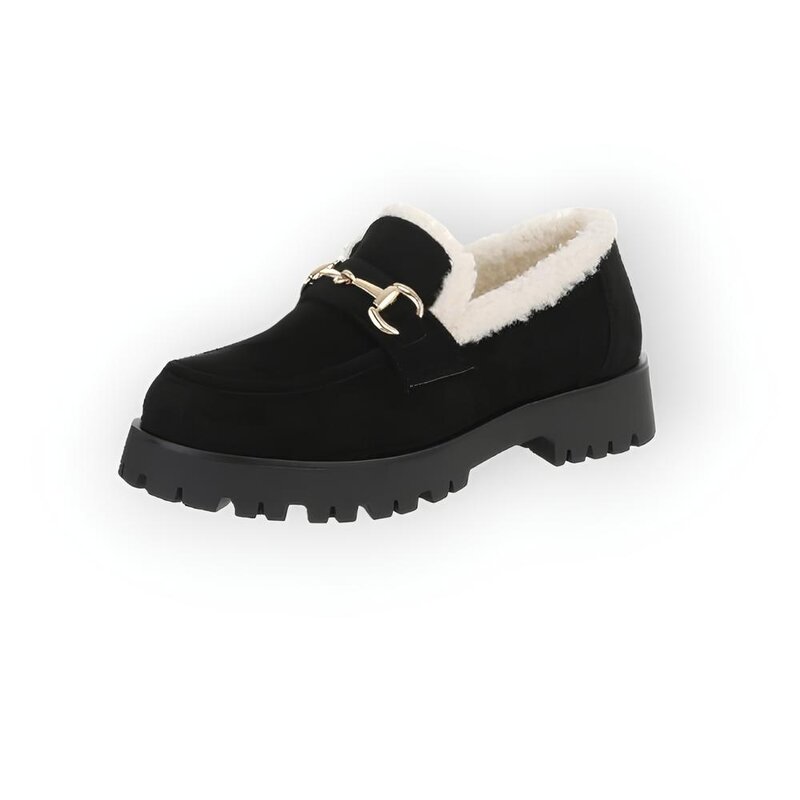 Lara – Zwarte Moccasins van Imitatie Suède - Teddy - Goudkleurig Sierembleem