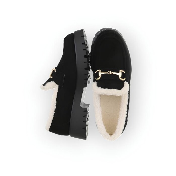Lara – Zwarte Moccasins van Imitatie Suède - Teddy - Goudkleurig Sierembleem