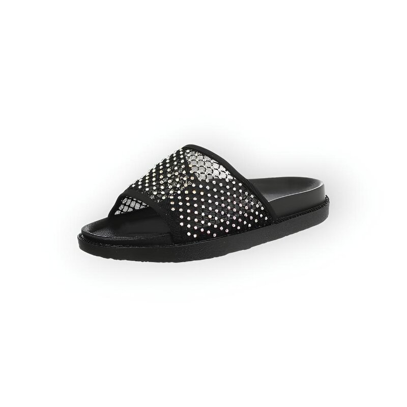 Noir – Slippers - Zwarte Comfortzool - Strass Steentjes