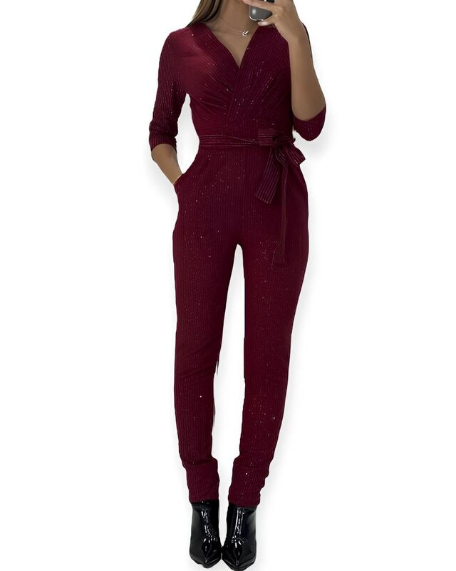 Nore – Jumpsuit – Bordeaux Glitter strepen met Tailleband