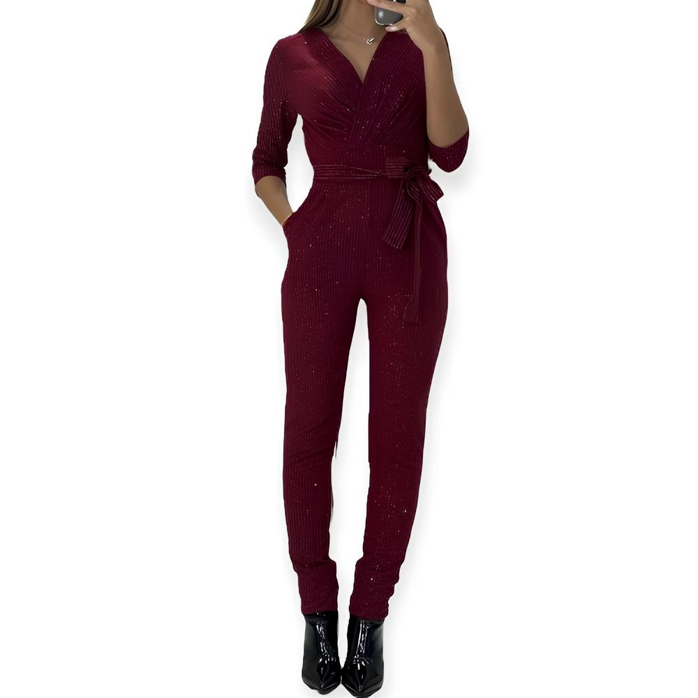 Nore – Jumpsuit – Bordeaux Glitter strepen met Tailleband