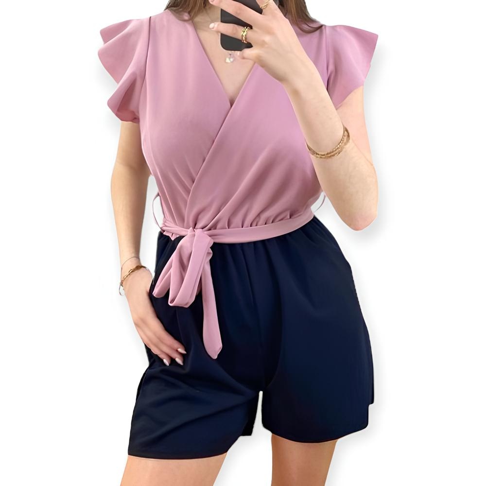 Livera – Playsuit – Roze Top met Ruches & Zwarte Shorts