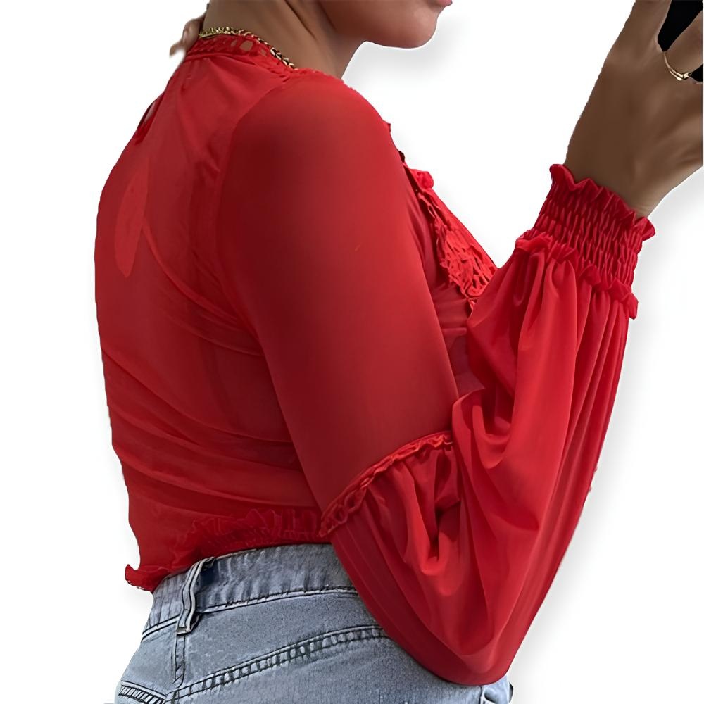 Léa – Bodysuit – Rode Transparante Kantlook - Bloemenpatroon