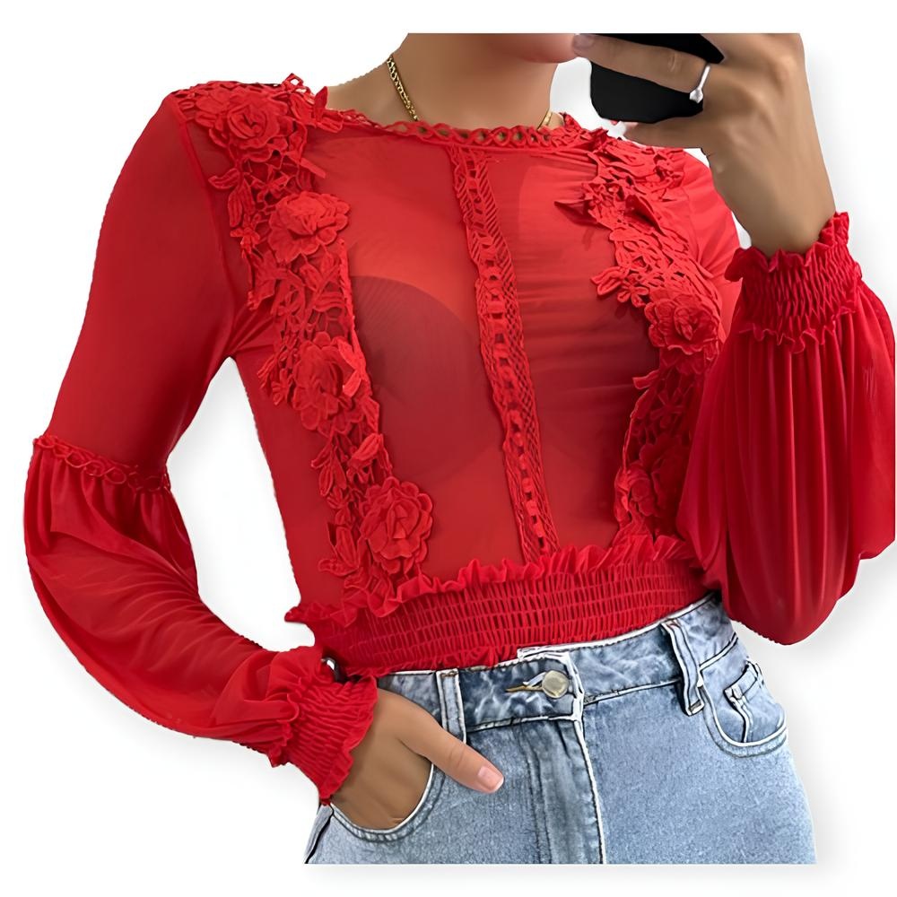 Léa – Bodysuit – Rode Transparante Kantlook - Bloemenpatroon