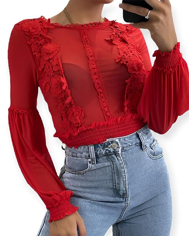 Léa – Bodysuit – Rode Transparante Kantlook - Bloemenpatroon