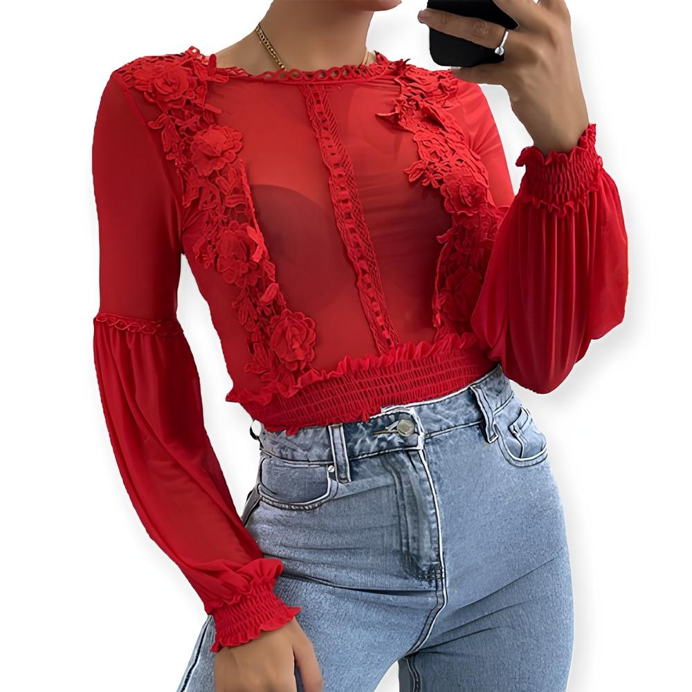 Léa – Bodysuit – Rode Transparante Kantlook - Bloemenpatroon