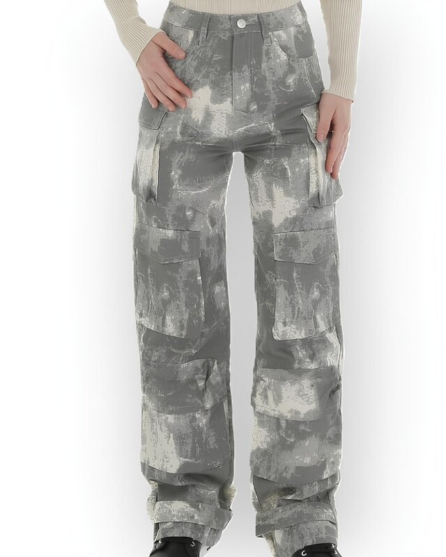 Kaia – Cargo Jeans Met Grijs-Wit Vlekkenpatroon – Stoer & Functioneel