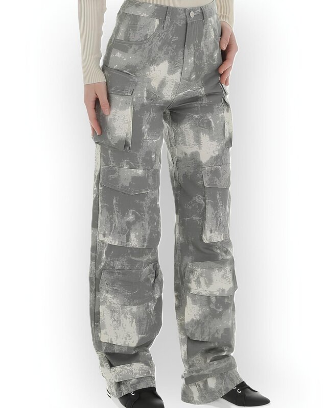 Kaia – Cargo Jeans Met Grijs-Wit Vlekkenpatroon – Stoer & Functioneel
