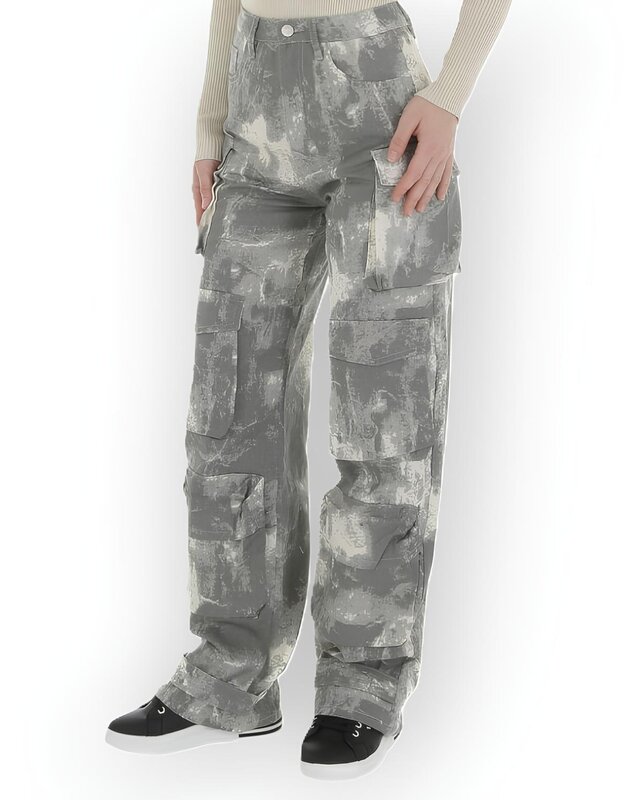 Kaia – Cargo Jeans Met Grijs-Wit Vlekkenpatroon – Stoer & Functioneel