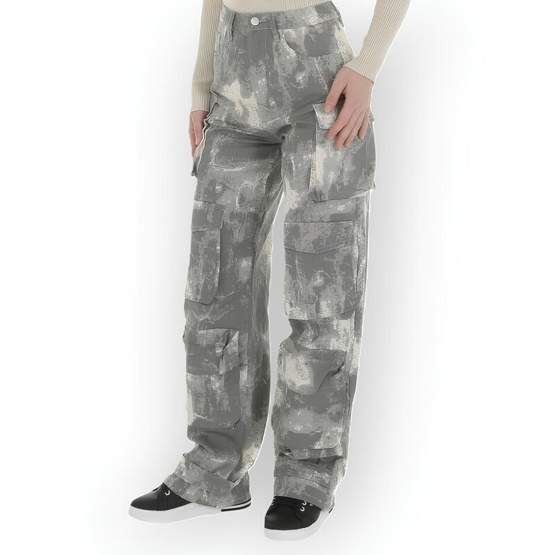 Kaia – Cargo Jeans Met Grijs-Wit Vlekkenpatroon – Stoer & Functioneel