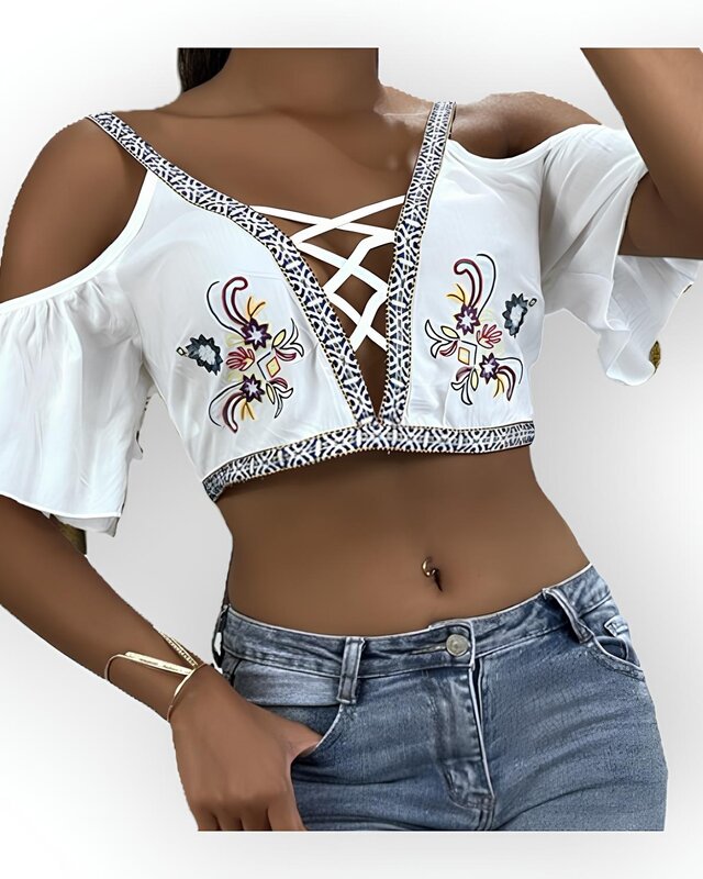 Flora – Off-Shoulder Top met Geborduurde Bloemen en Open Rug