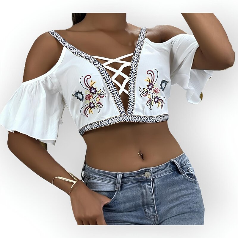 Flora – Off-Shoulder Top met Geborduurde Bloemen en Open Rug
