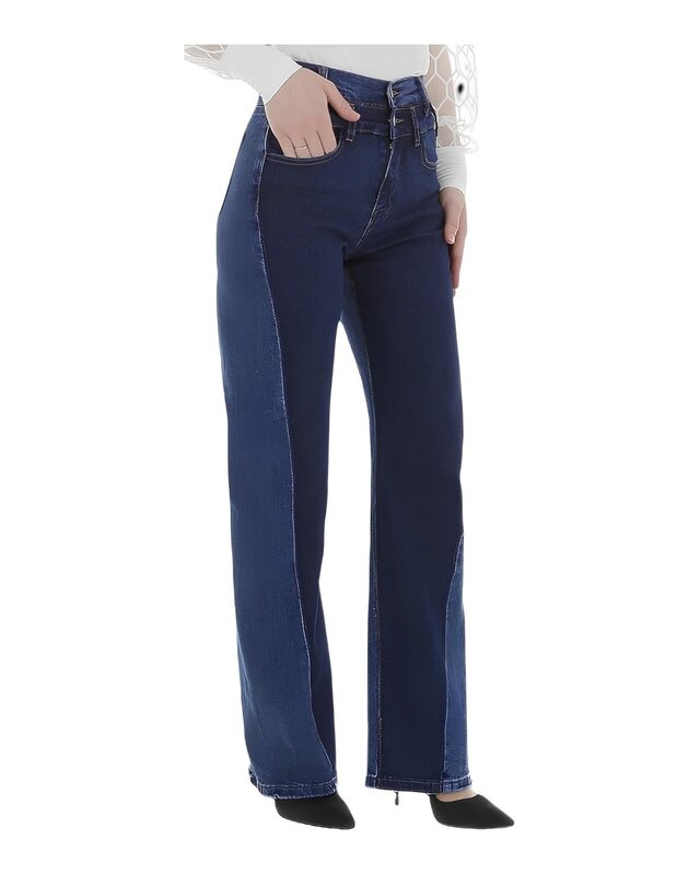Twee-Tonen Denim Broek - Hoge Taille & Verticale Contrasterende Baan