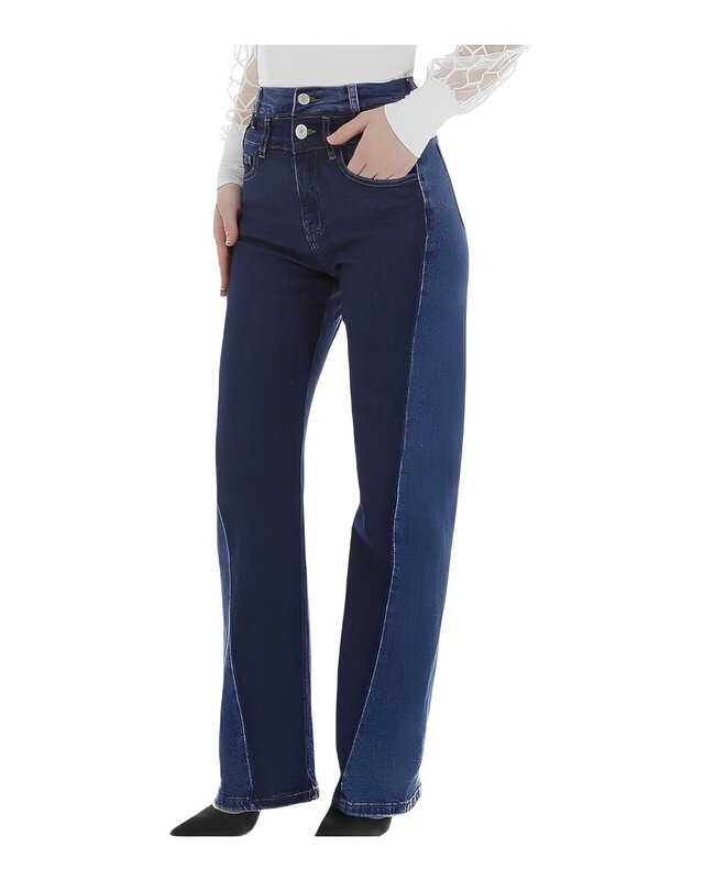 Twee-Tonen Denim Broek - Hoge Taille & Verticale Contrasterende Baan