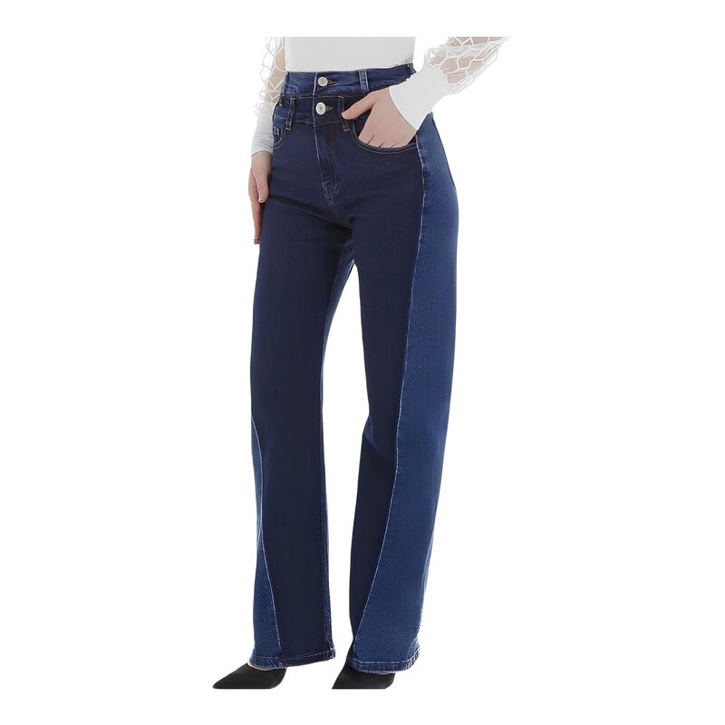 Twee-Tonen Denim Broek - Hoge Taille & Verticale Contrasterende Baan