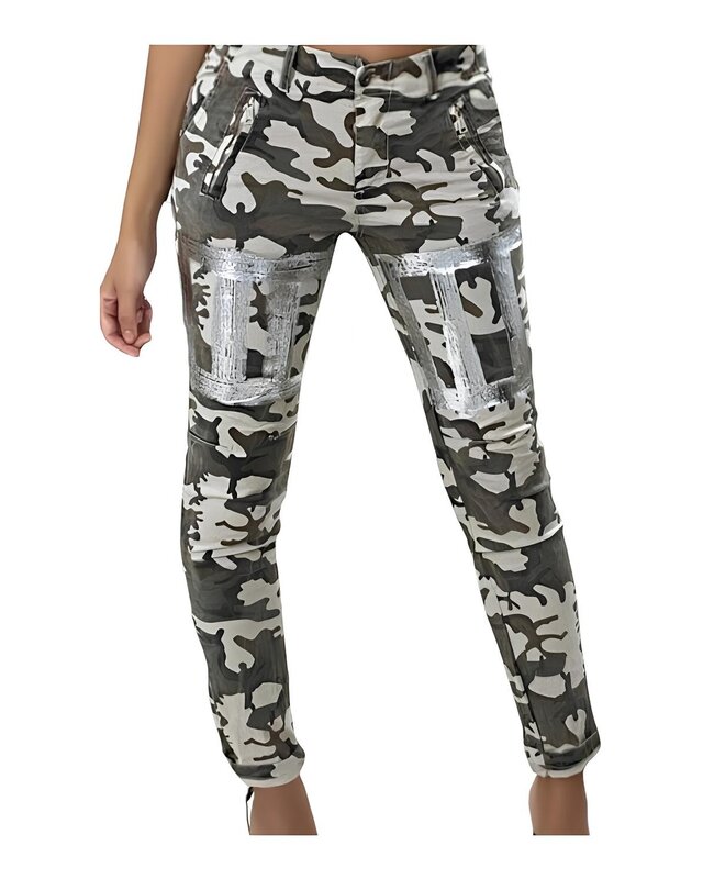 Camouflage Jeans Met Zilverpatroon - Lage Taille - Trendy Design