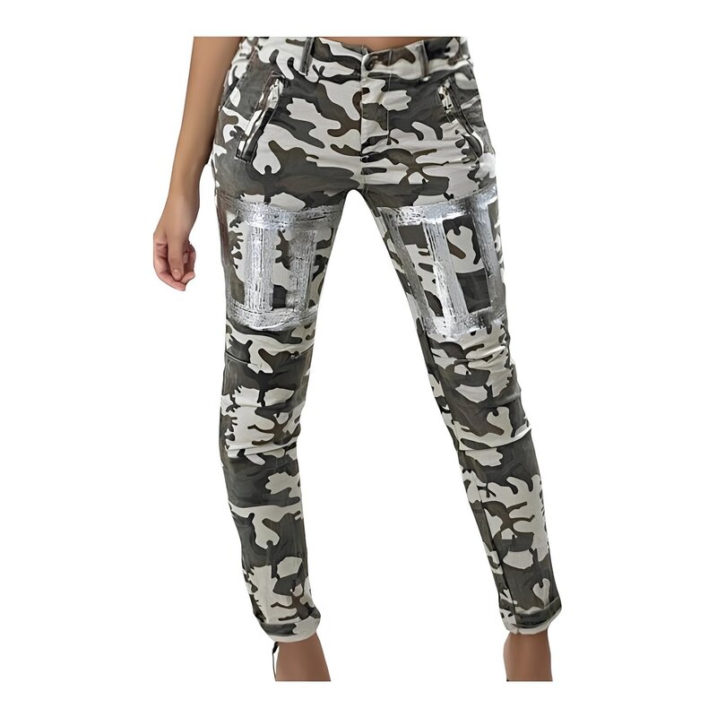 Camouflage Jeans Met Zilverpatroon - Lage Taille - Trendy Design